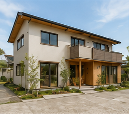栃木県の注文住宅施工事例：木の外壁と大きな窓が特徴的な吹き抜けリビングのある木の家の外観
